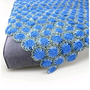 Vtg Hand Crocheted Granny Raised Floral Afghan Blanket Blue Green Large Throw